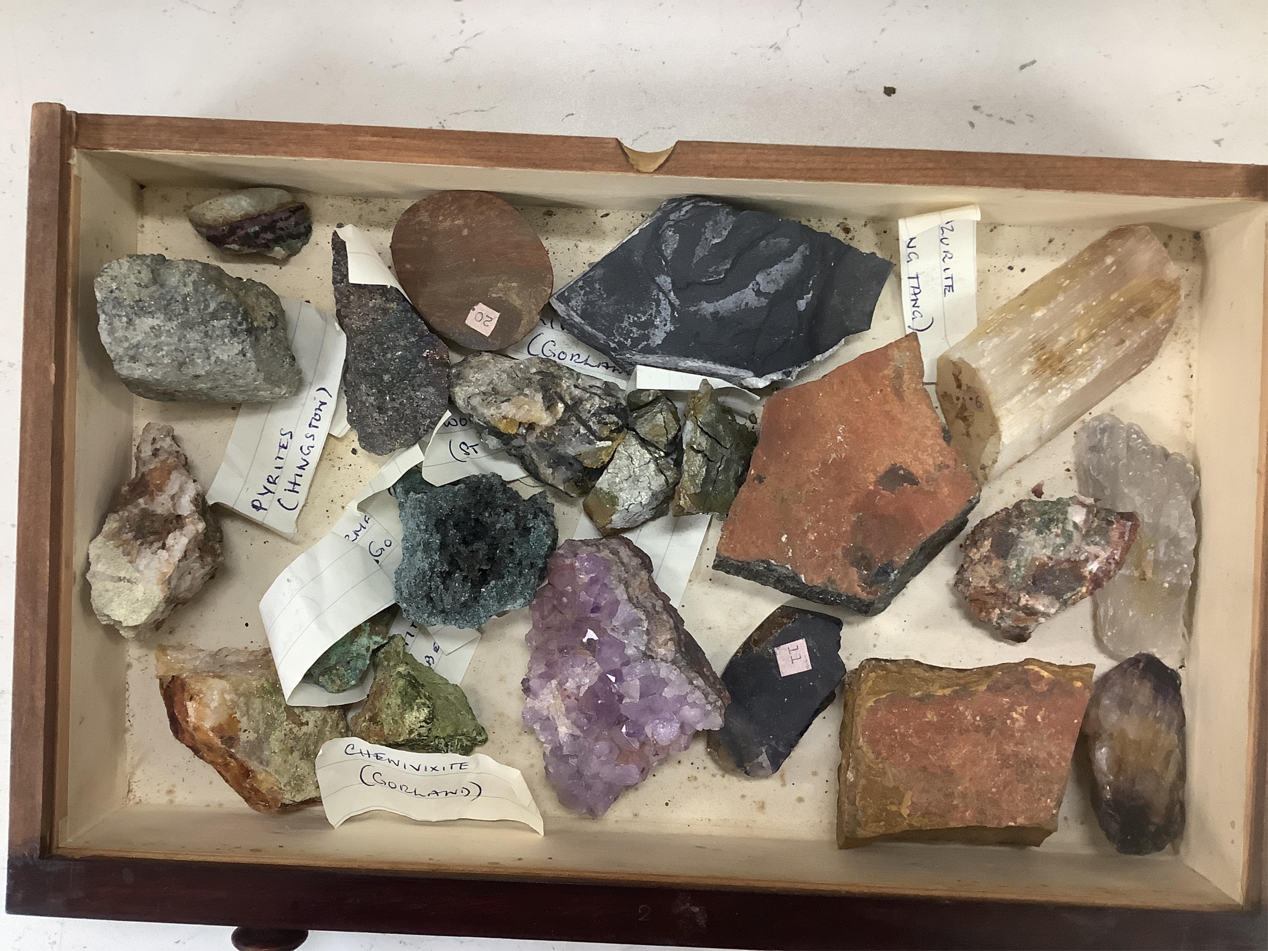 An early 20th century collector’s chest fitted with four drawers filled with mineral specimens and butterflies to include Haematite, Scorodite and Pyrite, 30cm high. Condition - fair